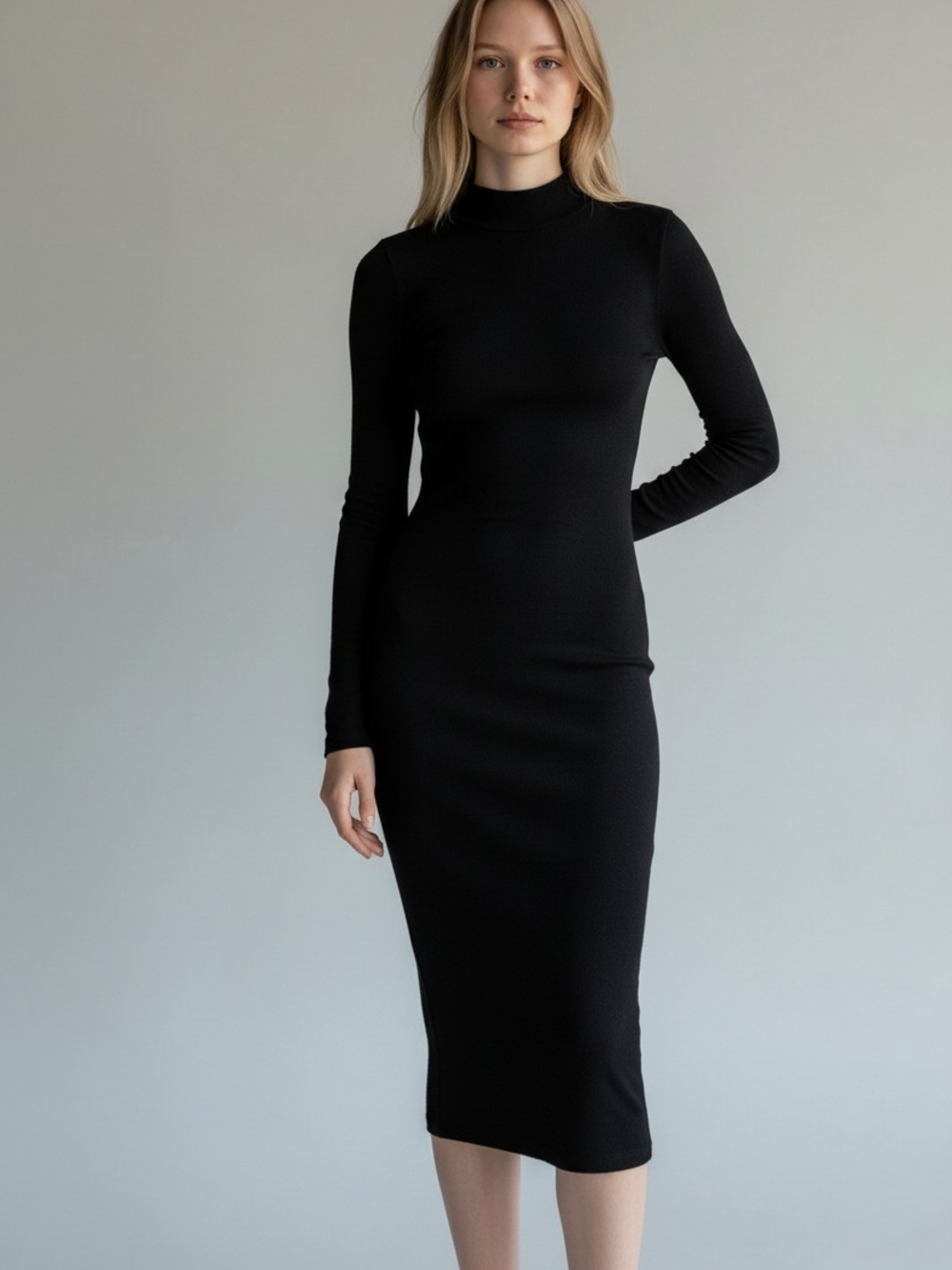 Zara Black Ribbed Knit Mock Neck Long Sleeve Bodycon Dress Small